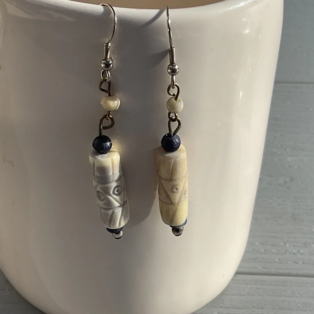Dangle Earrings Carved beads pierced 2” long